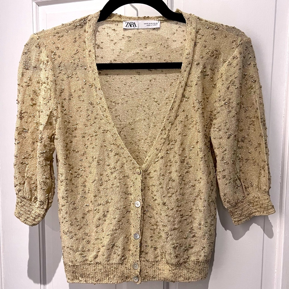 Zara Puff Crop Sleeve Gold Cardigan, Medium
